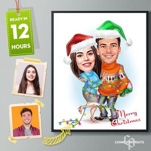 Retrato de caricatura de família de Natal personalizado, presente de caricatura de retrato de casal de Natal, presentes de melhor amigo, presente de caricatura de casal de Natal