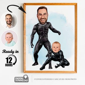 Benutzerdefinierte Super Dad und Sohn Cartoon Portrait, Porträt von Super Dad, Geschenk für Papa, Super Dad Karikatur, Superheld Karikatur, Karikatur