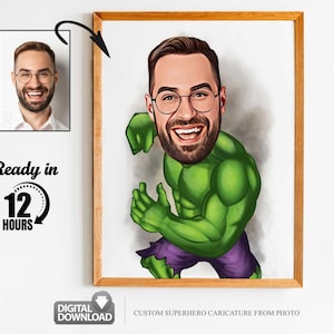 Aangepaste superheld cartoon portret, superheld portret, cadeau voor Super Hulk vader, aangepaste cartoon, superheld karikatuur, superheld