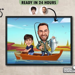Benutzerdefinierte Fischer Vater und Sohn Cartoon-Porträt, Fischer Vater Porträt, Papas Geschenk, Fischer Vater Karikatur, Fischer-Karikatur, Karikatur vom Foto