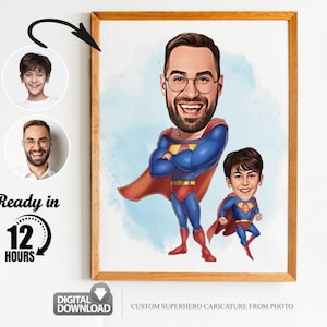Benutzerdefinierte Super Dad und Sohn Cartoon Portrait, Super Dad Portrait, Papas Geschenk, Super Dad Karikatur, Superhelden-Karikatur, Karikatur vom Foto