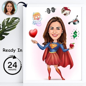 Benutzerdefinierte Superheld Mutter Cartoon Portrait, Muttertagsgeschenk Super Mutter Karikatur, Superheld lustige Mutter Karikatur