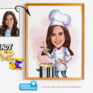 Aangepaste vrouw cartoon portret chef-kok, karikatuur chef-kok, cadeau voor chef-kok, cartoon chef-kok, grappige chef-kok cadeau, aangepaste karikatuur van foto, chef-kok cadeau