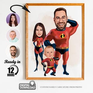Benutzerdefinierte Super Familien Cartoon Porträt, Familien Porträt, Familien Geschenk, Super Familie Karikatur, Superheld Karikatur, Karikatur vom Foto