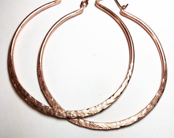 Large Hammered Copper Hoop Earrings, Handwrought (4 inch)