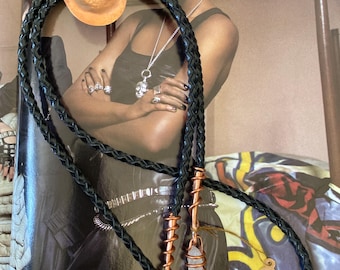 OOAK Anealed Copper Bolo Tie Woven Leather with Quartz