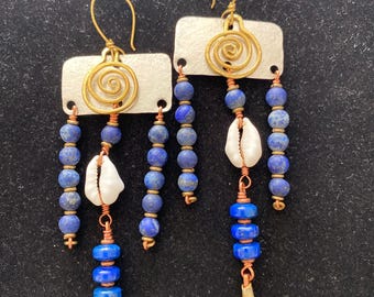 Silver Brass Copper Cowrie Shell & Lapis Brass Statement Earrings
