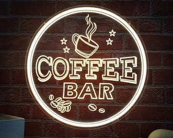 May include: White neon sign with a coffee cup and steam, the words "COFFEE BAR" and coffee beans. The sign is circular and has a white outline.