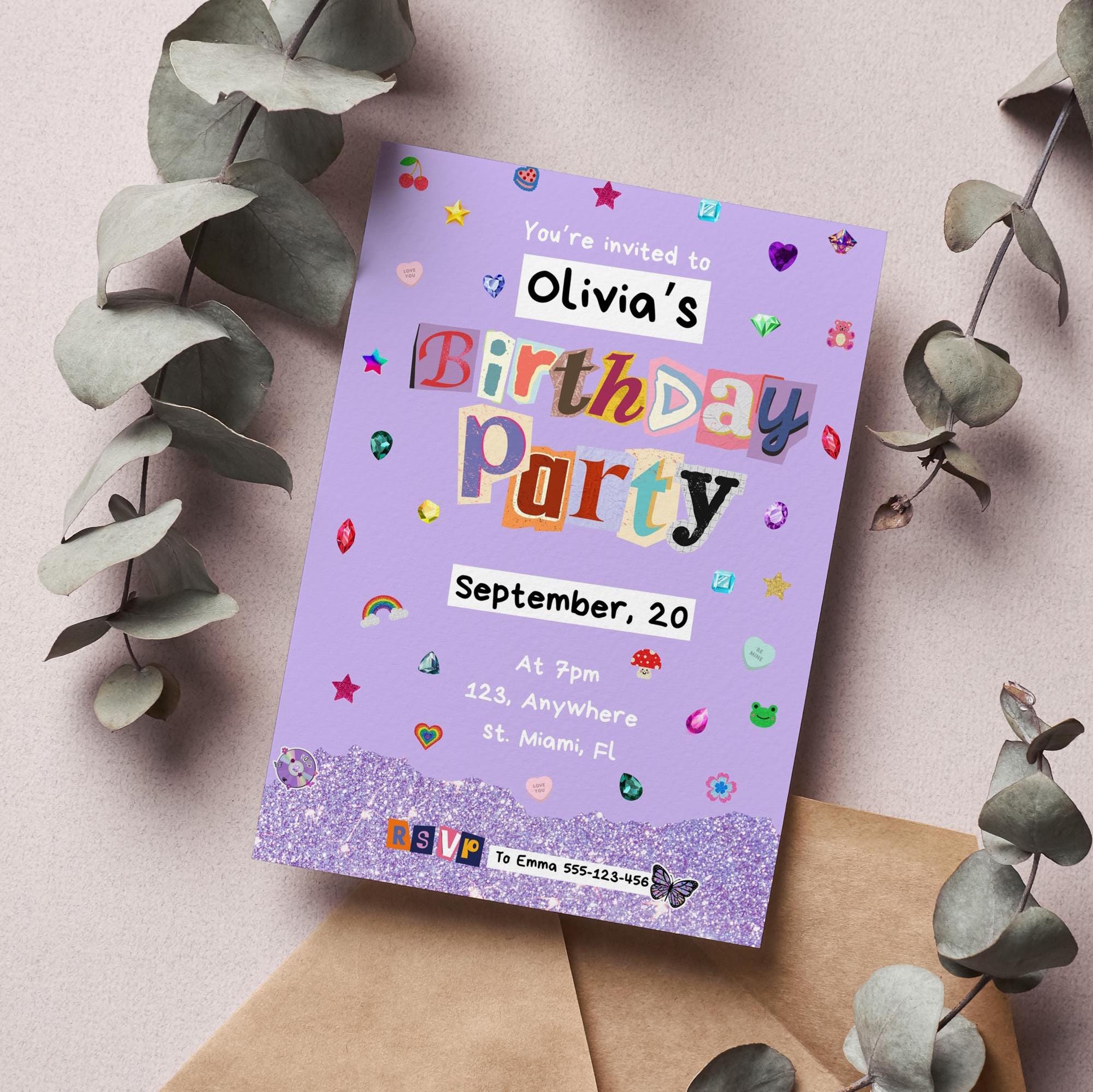 Olivia Rodrigo Inspired Birthday Invitation Template Purple Aesthetic