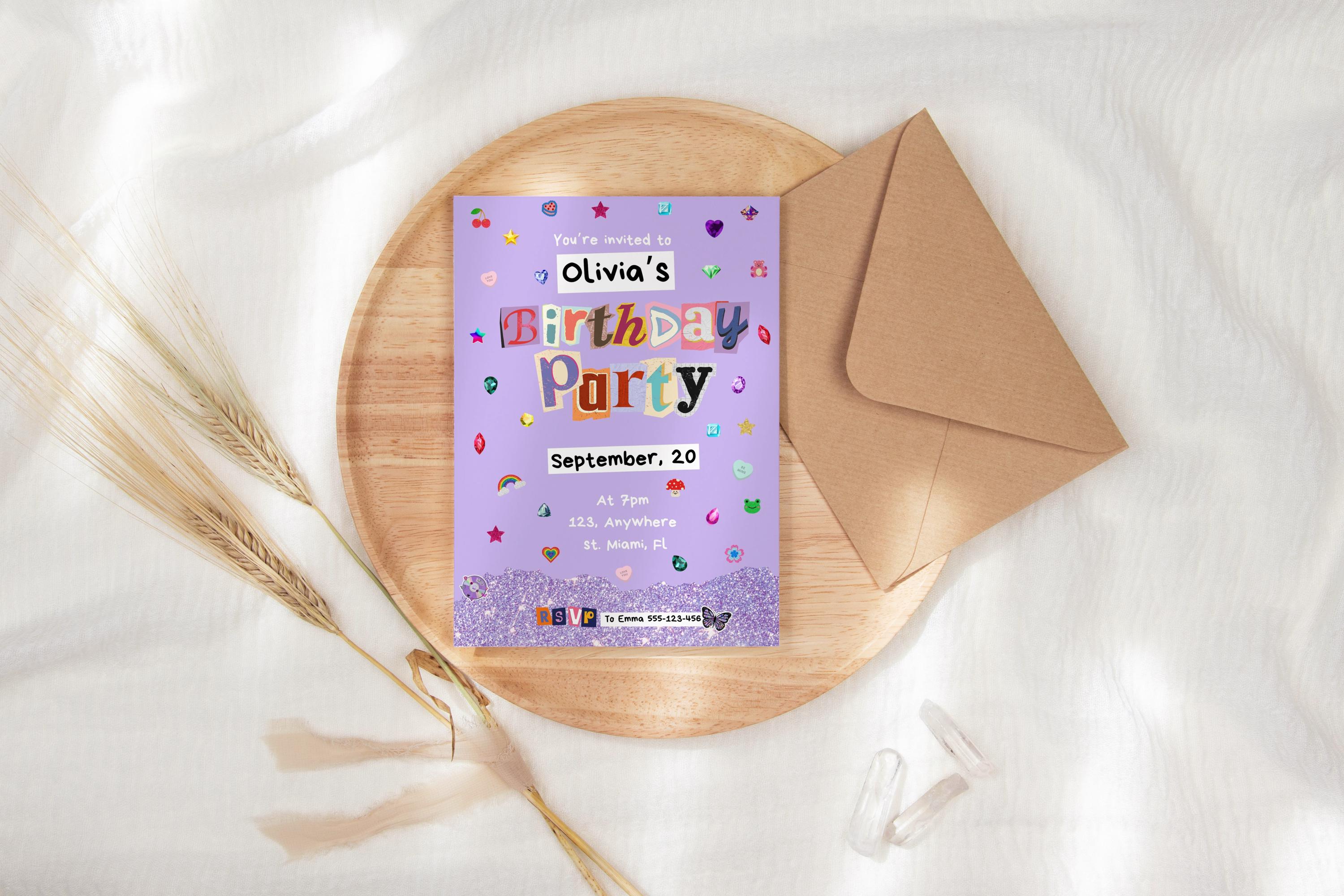 Olivia Rodrigo Inspired Birthday Invitation Template Purple Aesthetic