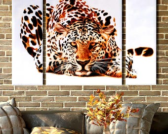 Ręcznie malowany obraz na płótnie z lampartem, oryginalny wielopanelowy portret dzikiej przyrody, dekoracja ścienna inspirowana Afryką, wyjątkowy obraz do domu, odważne dzieło sztuki
