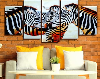 Hand-Painted Zebra Canvas Art, Multi-Panel Zebra Herd Painting, Original African Wall Decor Unique Zebra Portrait for Home Striking Wall Art