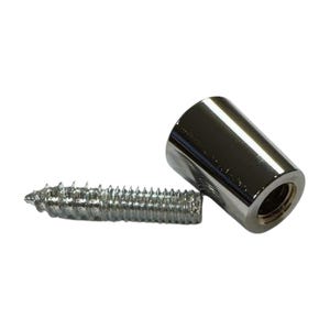 May include: A chrome-finished cylindrical furniture connector with an internal thread, positioned next to a silver wood screw. The connector has a polished, reflective surface. Hardware for furniture assembly.