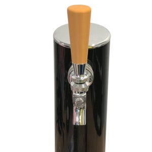May include: A black beer tap with a silver base and a wooden handle. The tap has a shiny, polished appearance and is designed for dispensing beverages. The handle is light brown and cylindrical.