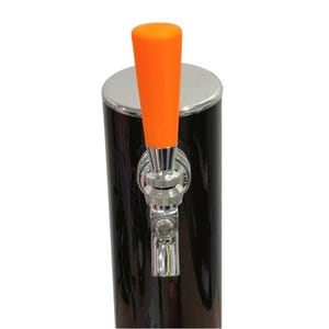 May include: A black beer tap with a silver faucet and an orange handle. The tap is cylindrical with a silver top and is set against a white background. The handle is a bright orange color.