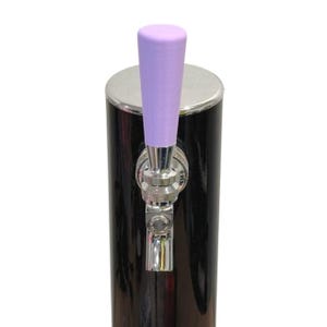 May include: A black and silver beer tap with a light purple handle. The tap has a shiny silver spout and a round silver top. The handle is cylindrical and made of a solid, light purple material. The tap is designed for dispensing beverages.