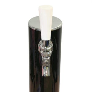 May include: A black and chrome beer tap with a white handle. The tap has a cylindrical body with a silver top and a chrome faucet. The white handle is cone-shaped. The tap is designed for dispensing beer.