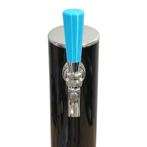 May include: A black beer tap with a chrome finish and a light blue handle. The tap is cylindrical with a silver top and a chrome tap spout. The handle is a solid light blue color.
