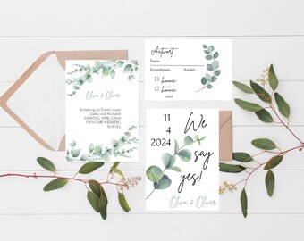 May include: Wedding invitation suite with eucalyptus greenery and the text "Oliva & Olver" and "We say yes!"  The invitation card has the date "April 4, 2024" and the time "13 Uhr".