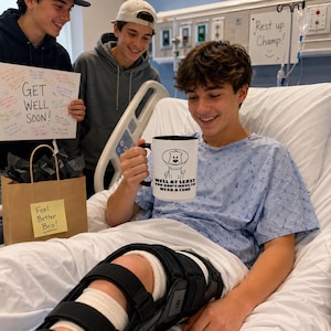May include: A white ceramic mug with a black interior and handle, featuring a black line drawing of a dog wearing a medical cone and the text: WELL AT LEAST YOU DON'T HAVE TO WEAR A CONE. The mug is held by a person in a hospital gown with a leg brace.