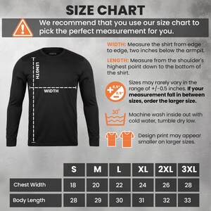 以下が含まれることがあります： サイズチャート付きの黒い長袖シャツ。サイズチャートには、Sから3XLまでのサイズの胸囲と着丈の測定値がcmで含まれています。洗濯方法と測定ガイドラインも記載されています。