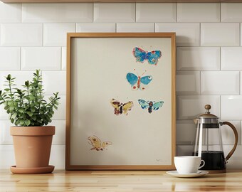 Vintage Wall Art Print of Butterfly Antique Decor Watercolor Painting for Nursery Office Decor Fairycore Decor Garden Decor for Kitchen Art