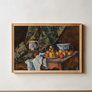 May include: A still life painting of a wooden table with a white pitcher, a bowl of fruit, and a white cloth. The fruit is red and orange and the table is brown. The background is a dark green and brown patterned fabric.