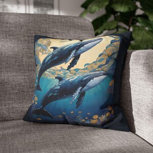 Humpback Whales Art Square Pillow, Polyester Cushion, Sea Creature Throw Pillow, Home Decor, Living Room Accent, Ocean Lover Gift
