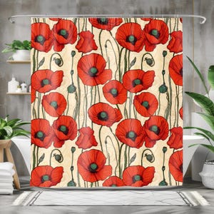 Poppy Flowers Shower Curtain: Red Floral Bath Decor, Nature Inspired Home Spa, Botanical Bath Decor, Floral Pattern Shower Stall