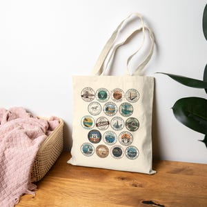 State Stamps Art Cotton Canvas Tote Bag, Reusable Shopping Bag, Gift for Stamp Collector, Colorful State Logo Bag, Gift for Traveler