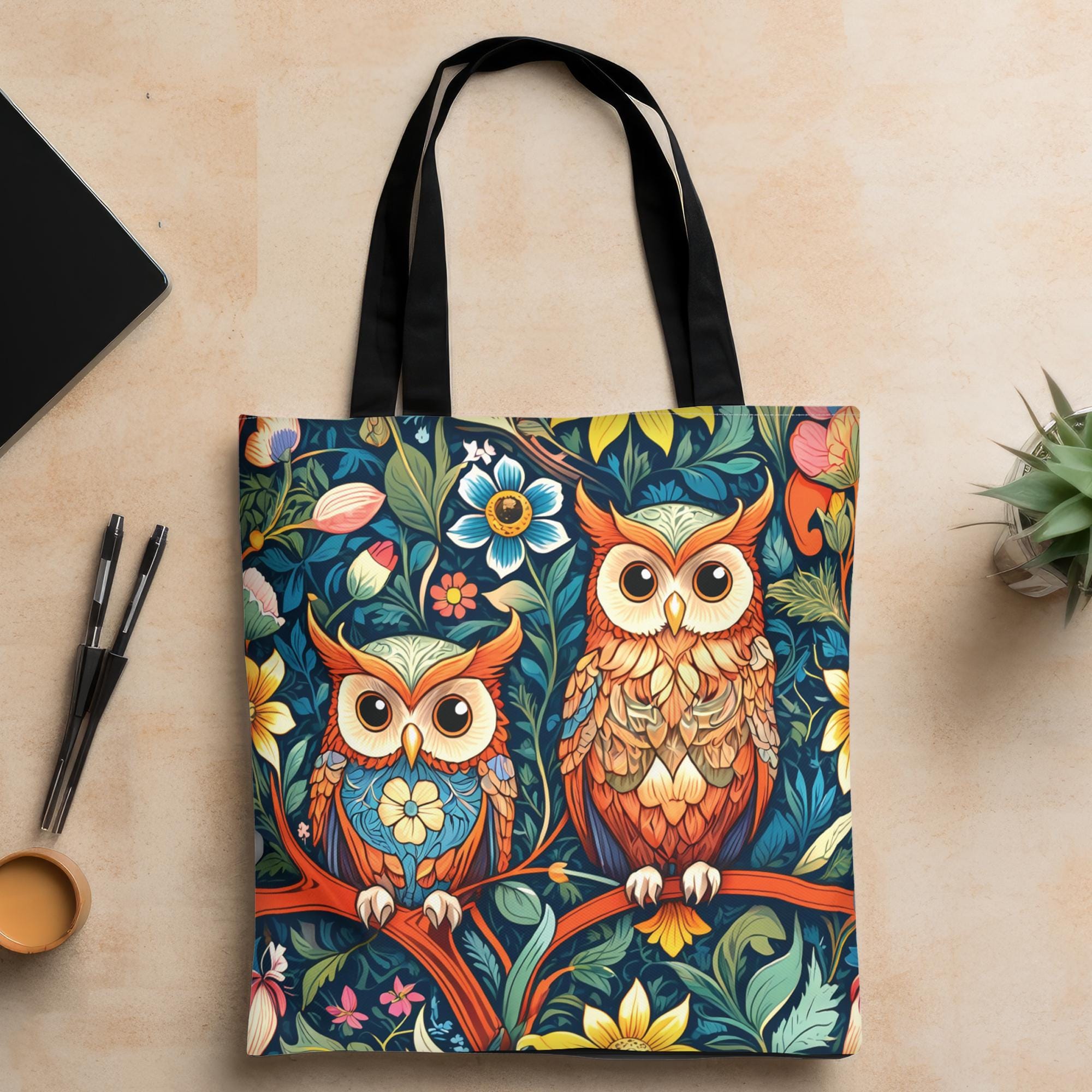 Bohemian Style Owls Art Tote Bag,  Bird Lover Tote, Gift for Nature Lovers, Re-usable Shopping Bag, 