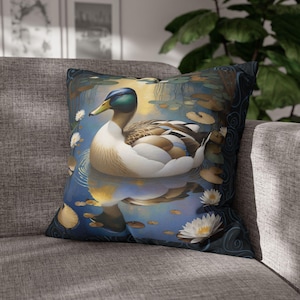 Mallard Duck Art Pillow, Waterfowl Decorative Cushion, Bird Lover Throw Pillow, Wildlife Home Accent Decor, Woodland Animal Decore