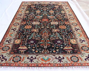 7x10ft Black Floral Afghan Rug: Hand-Knotted Wool Turkmen Rug