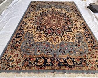 7x10 ft Glaucous Floral Afghan Rug: Handmade Turkmen Wool