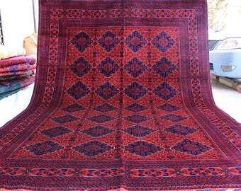 Alfombra afgana rojo-azul de 2,13 x 3,05 m: lana turcomana hecha a mano, diseño tribal
