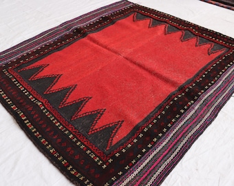 5x5 Red Afghan Kilim Rug: Hand-Knotted Wool Tribal Rug