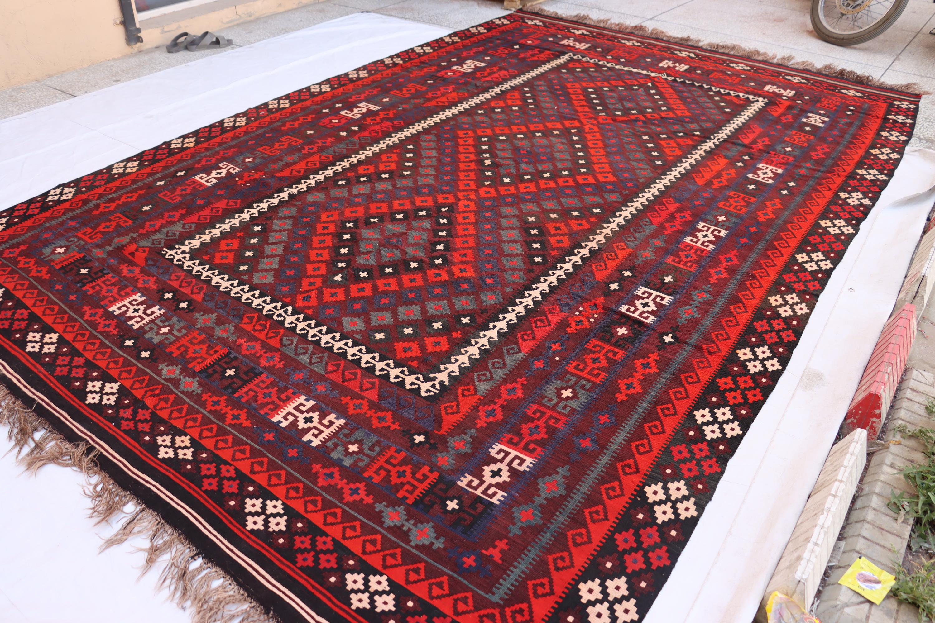 Vintage Afghan Turkmen Rug: 9x14 Ft Red Wool Kilim - Etsy Norway