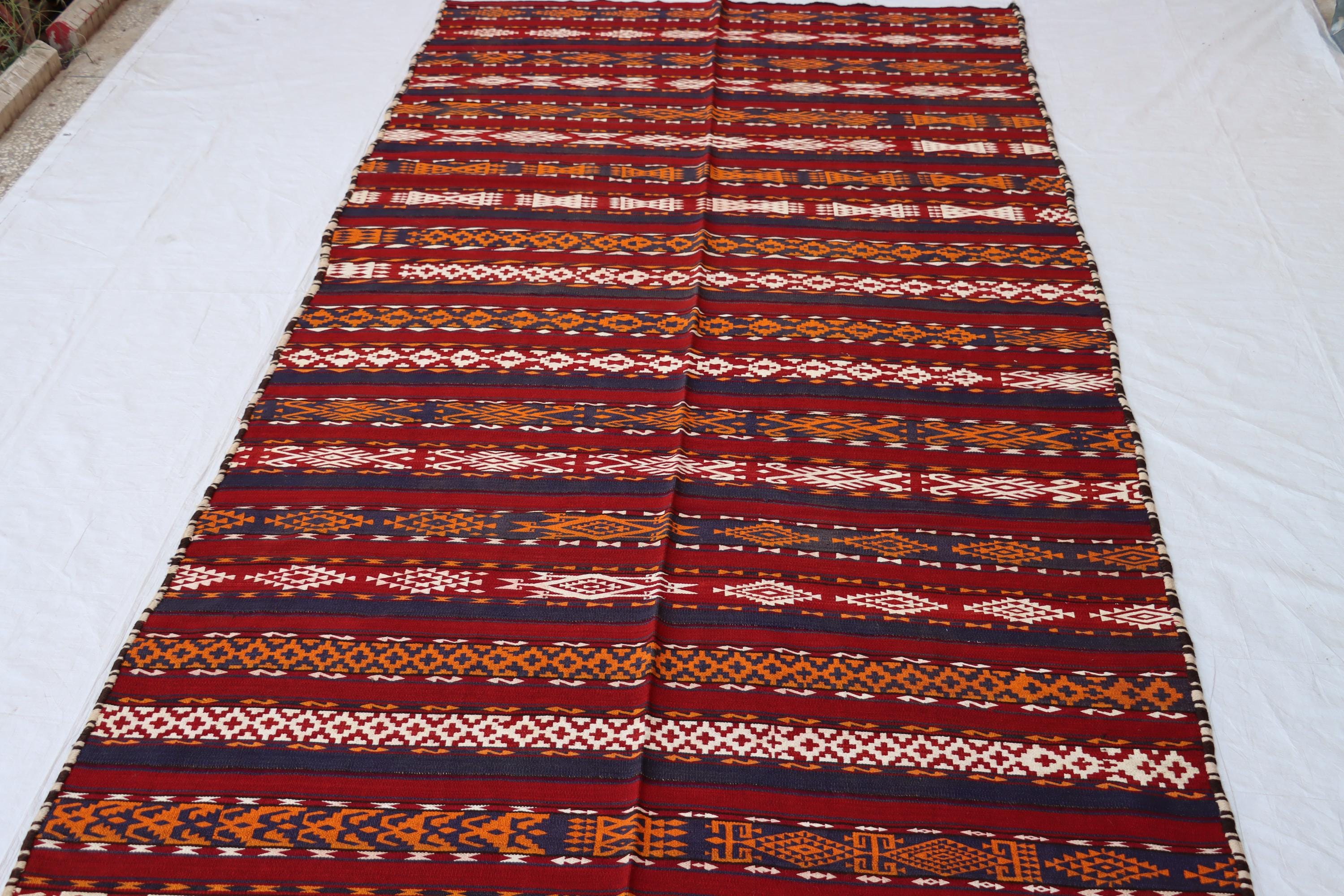 Vintage Red Afghan Kilim Rug 7x12 Ft - Hand-knotted Wool Turkmen