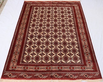 7 x 10フィートのアンティークアフガニスタントルクメンラグ：手織り