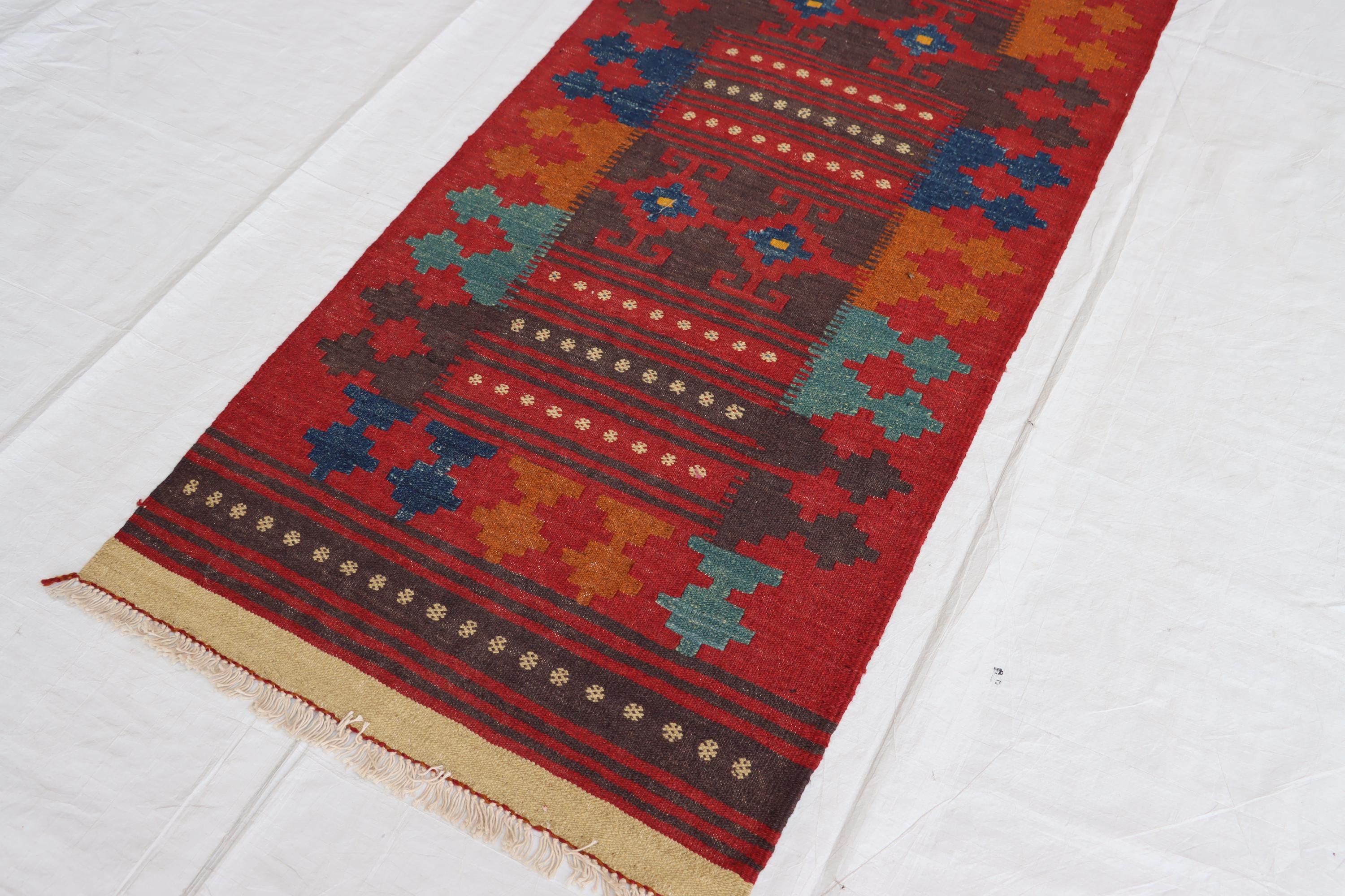 下敷きアフガン手織りキリム ランナー トライバルラグ ヴィンテージラグ アフガニスタン トライバルラグ マイマナキリム オールド手織り