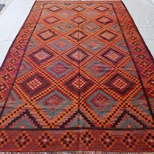 7x13ft Terracotta Vintage Kilim Rug: Handmade Afghan Wool