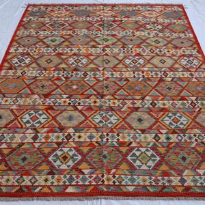 Handmade Red Afghan Kilim Rug: Large Wool Oriental Rug (9x11 ft)