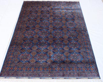 Alfombra turcomana afgana azul oscuro hecha a mano: 2,1 x 3,0 m, alfombra oriental de lana