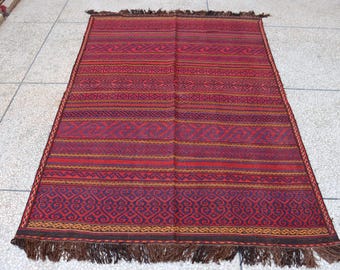Vintage Afghan Kilim Rug, Handmade Wool Turkmen Tribal Rug (6x8 ft)