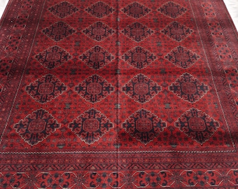 Handgemaakt rood Afghaans tapijt: 7 x 3 m. wollen Turkmeens tapijt