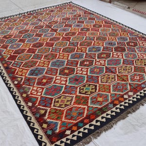 8x11ft Red Afghan Wool Kilim Rug: Large Hand-Knotted Oriental Rug