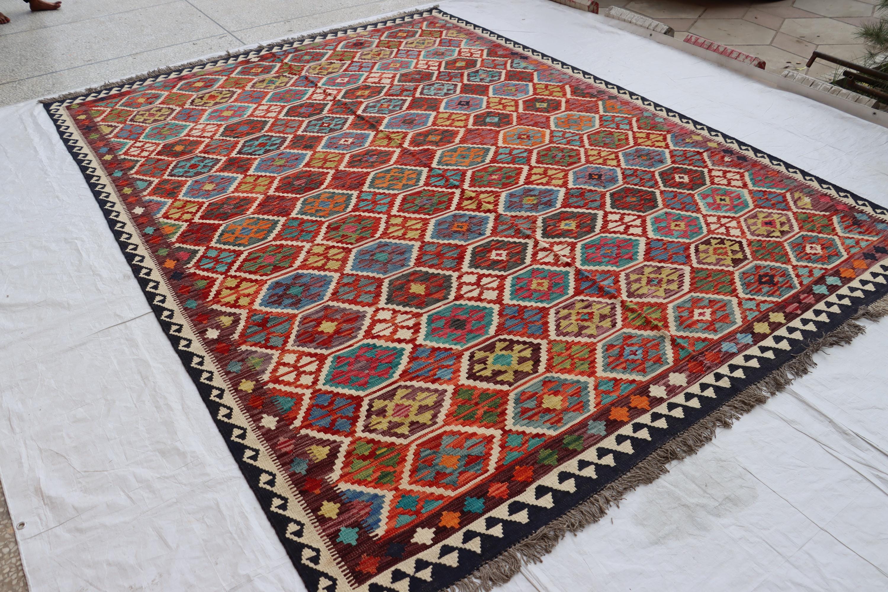 8 x 11フィートの赤いアフガンウールキリムラグ：大きな手織りの