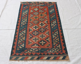 Vintage Red Afghan Kilim Rug: 3x5 ft Hand-Knotted Wool Tribal Rug