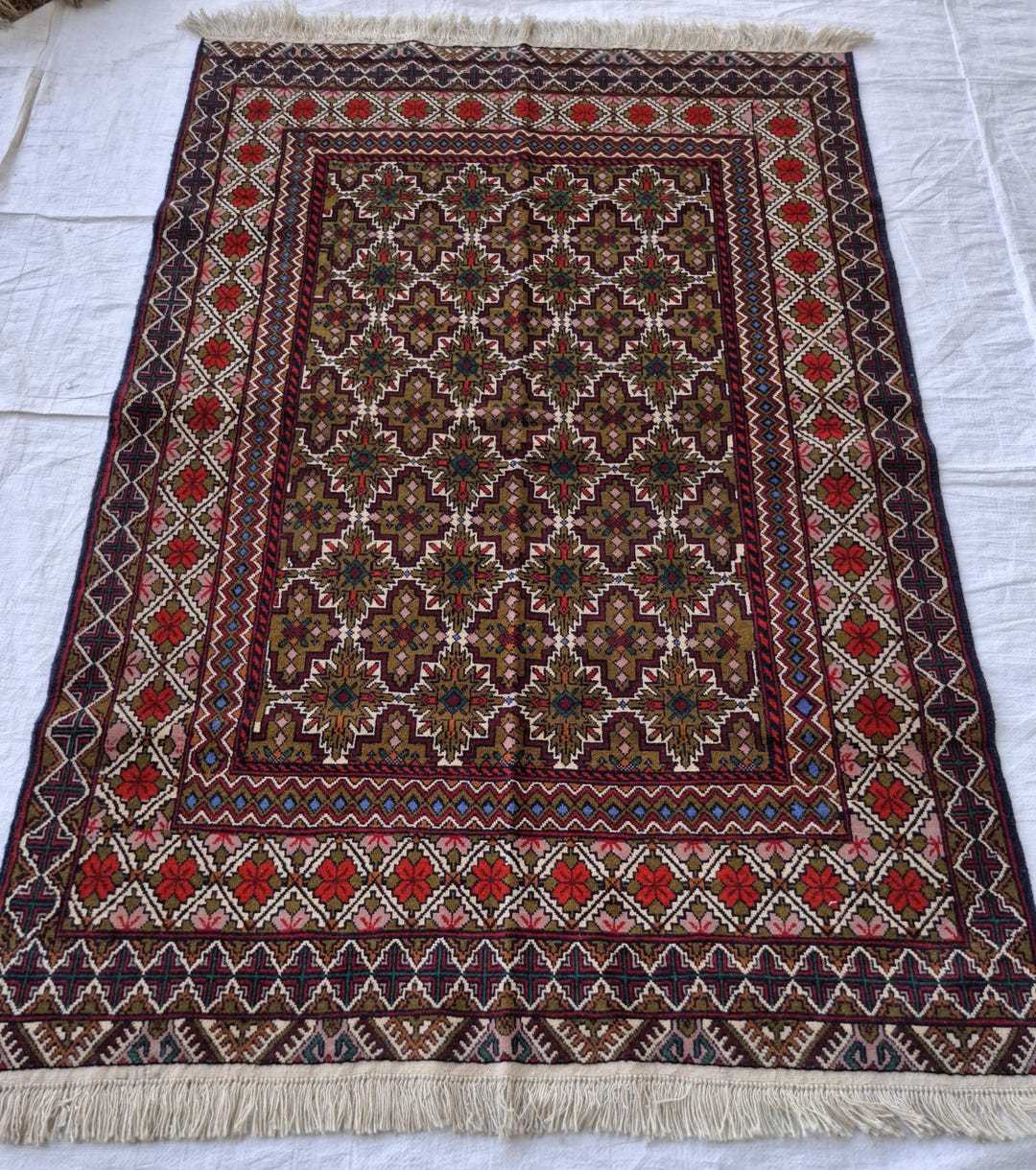 ヴィンテージ アフガン ラグ: 4x6 ブラウン トルクメンウール、手織り