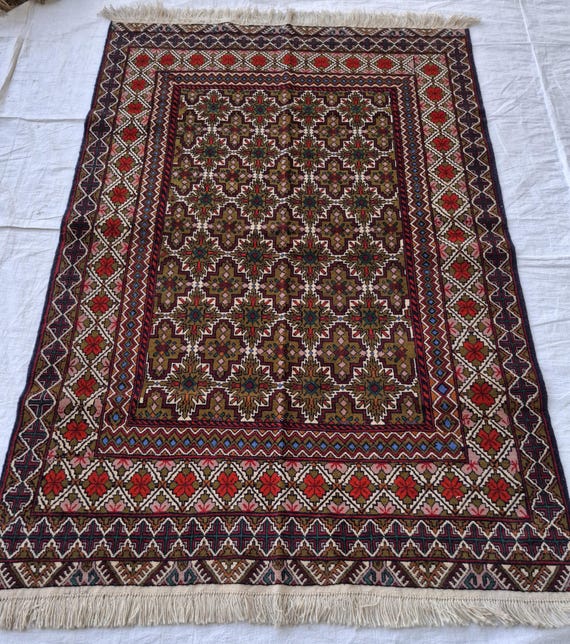 ヴィンテージ アフガン ラグ: 4x6 ブラウン トルクメンウール、手織り